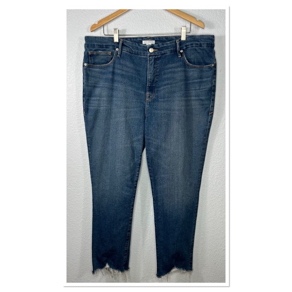 Good American Raw Hem Cropped Women's Blue Jeans Sz 16 Cotton Elastane Blend